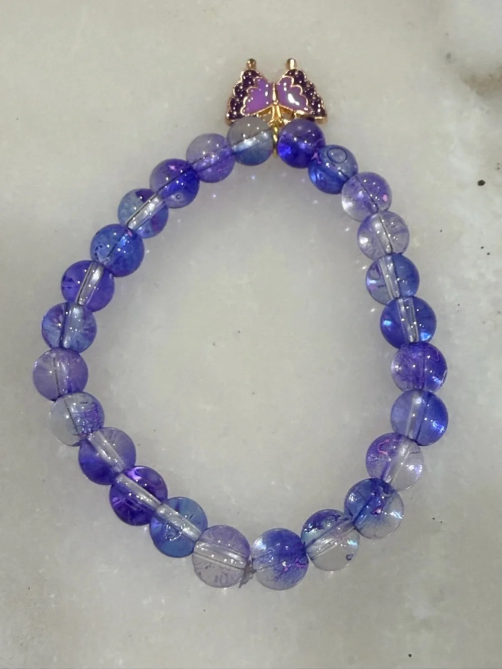 Purple Beaded Stretch Bracelet with Butterfly Charm